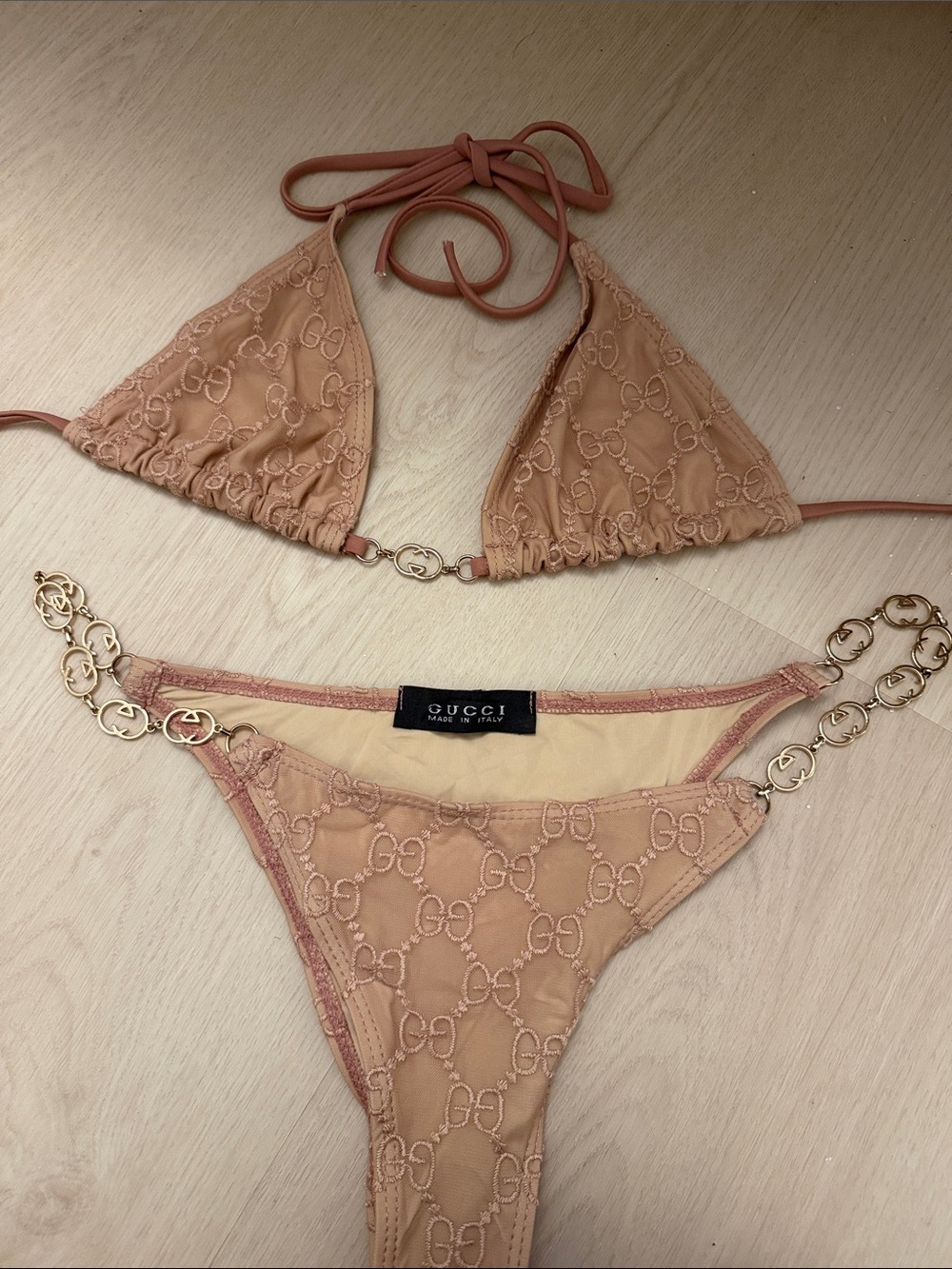Women's Nude Beige GG Embroidered Chain Bikini Set
